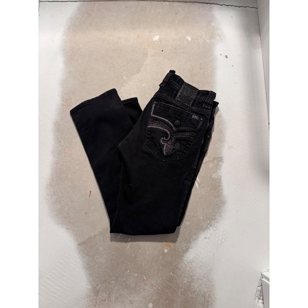 Rock Revival Brayen Straight Black Jeans Mens 34 Fleur De Lis Pockets